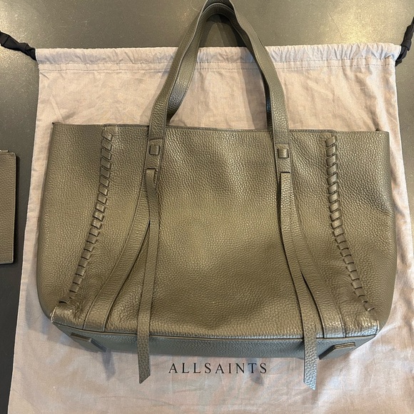 All Saints moss green leather tote with top zipper, pouch and original dust bag - Picture 15 of 17